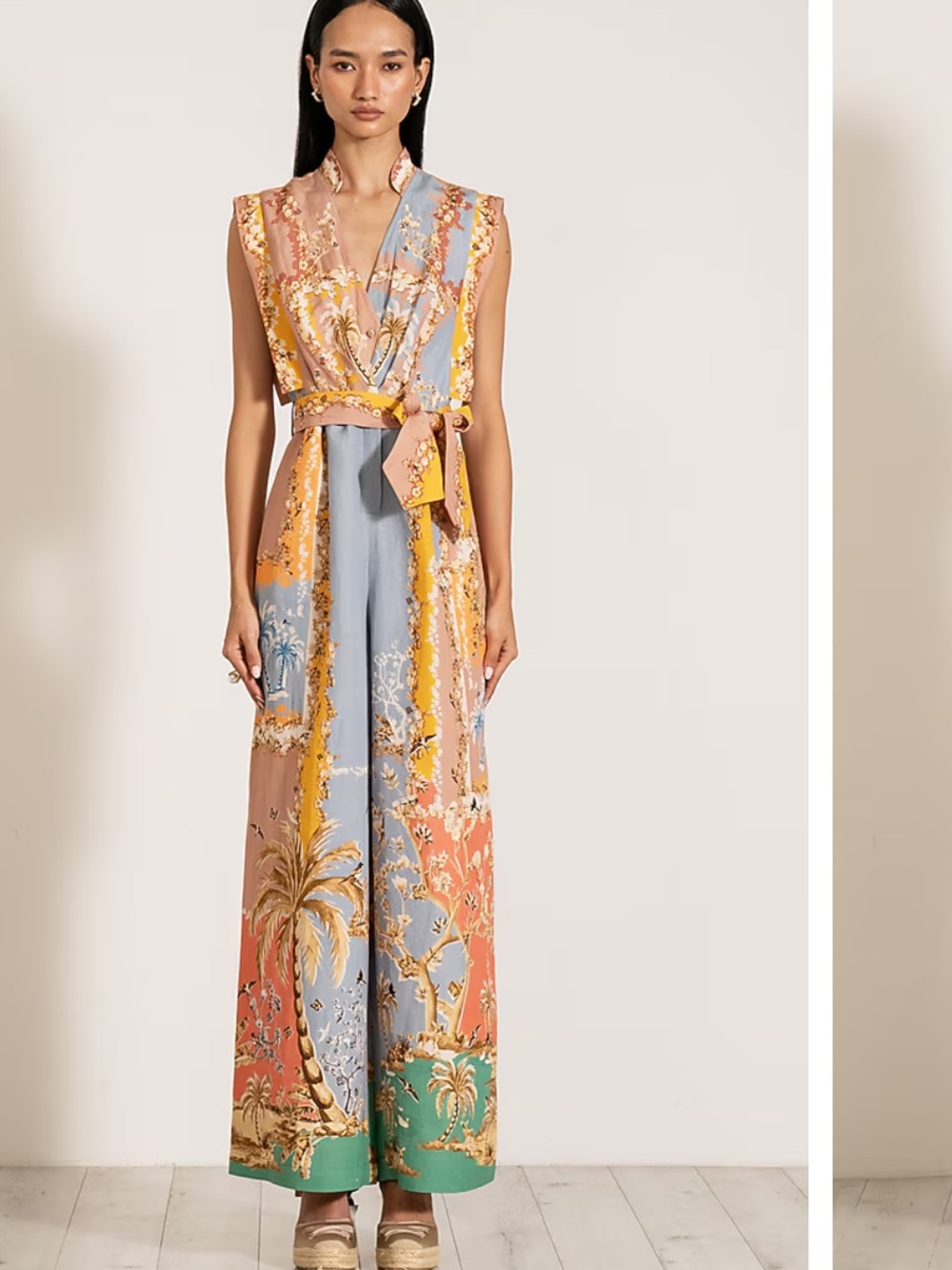 Ranna Gill Pastel Multi-Print Palm Jumpsuit Linen Wide Leg Medium